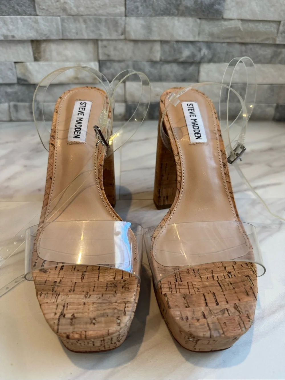 Steve Madden Clear Strap Cork Platform Sandals - Nude